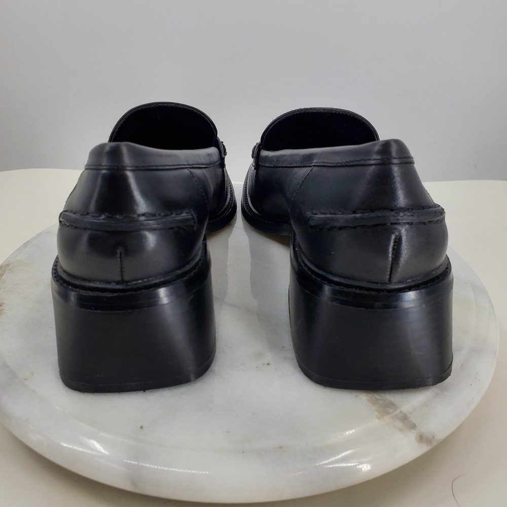 Vince Camuto Erinesa Black Leather Block Heel Penny Loafers Gold Crest Chubky - Picture 11 of 11